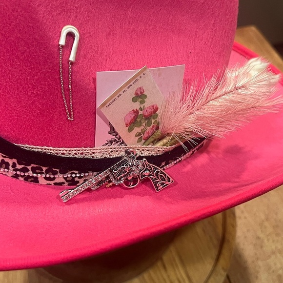 Handmade Pink Felt Cowgirl Hat with Feathers, Gems, and Leopard Print - Picture 9 of 9